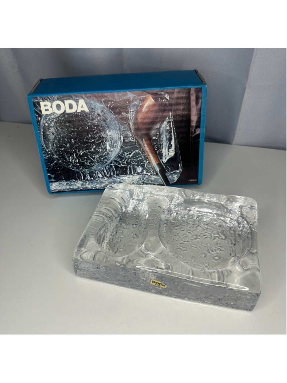 Vintage New In Box NIB Boda Made in Sweden Clear Glass Bar Accessories Ashtray